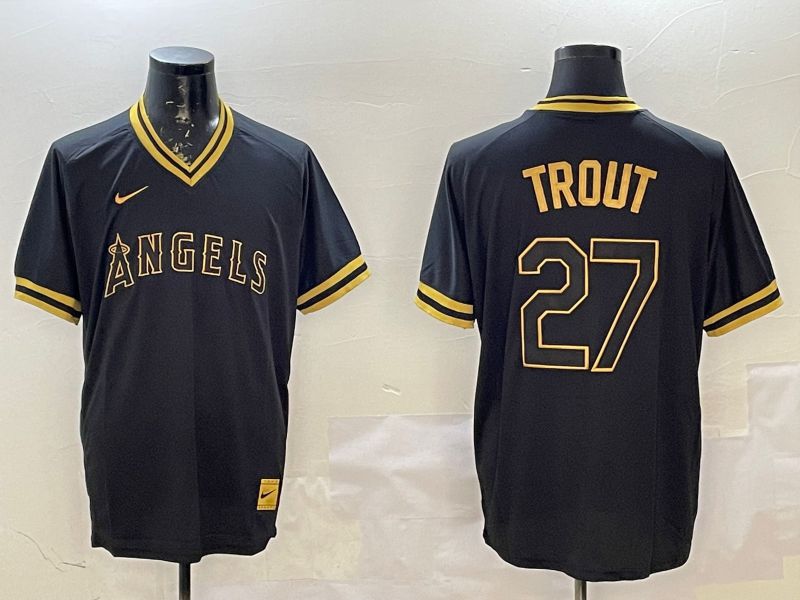 Men Los Angeles Angels #27 Trout Black Gold Game 2025 Nike MLB Jersey style 1